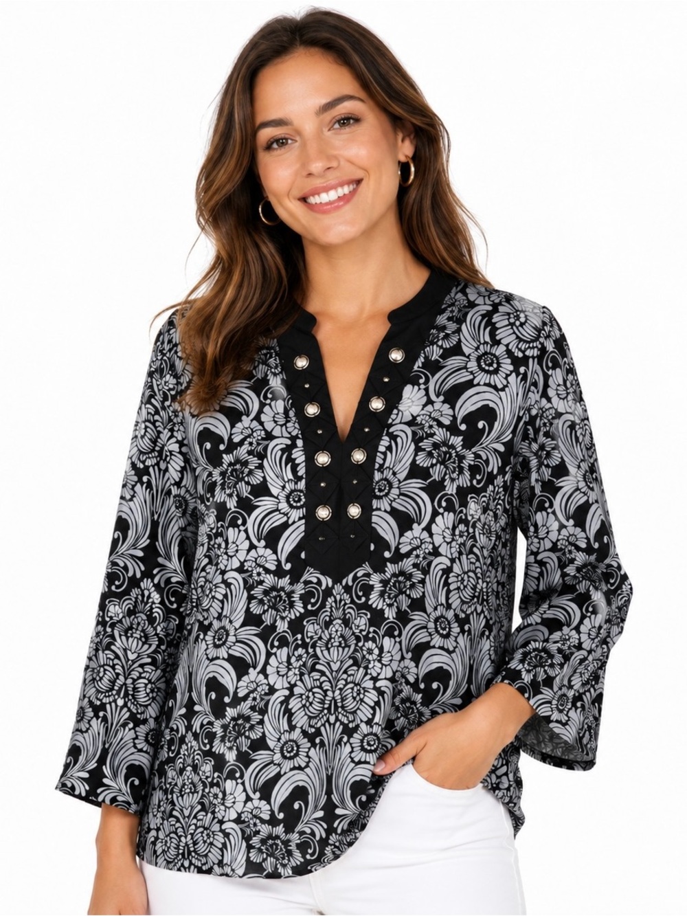 Lane Bryant Blue and White Floral V-Neck Tunic with Decorative Buttons